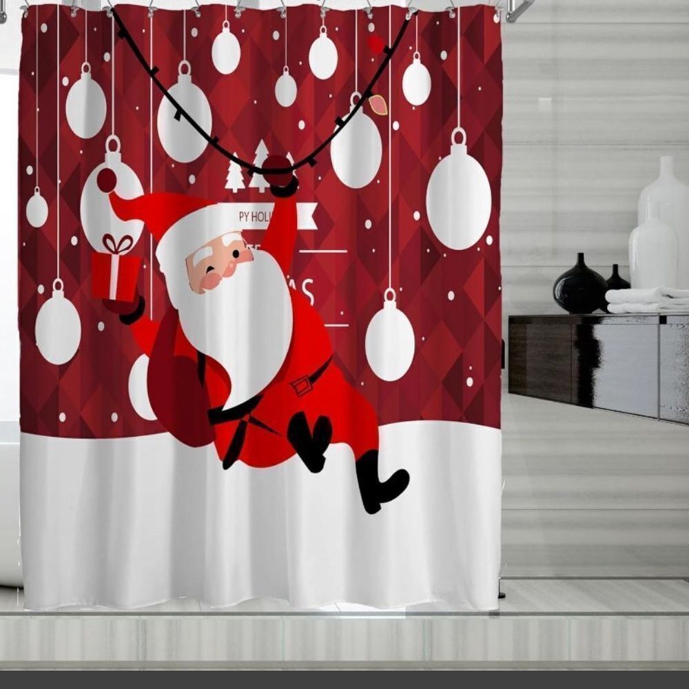 Fabric Shower Curtain Santa Christmas Holiday Ornaments Snow Trees